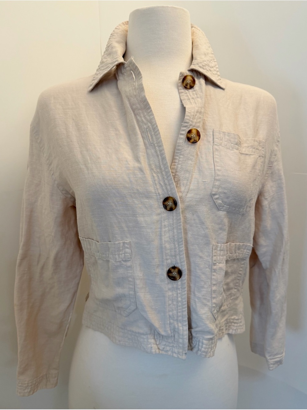Vintage Linen Silk Cropped Utility Jacket Beige Petite Small
